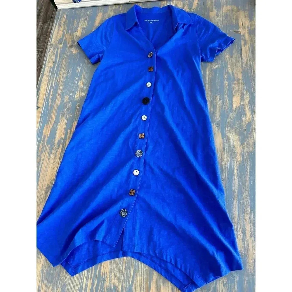 Soft Surroundings Cotton Royal Blue Short Sleeve Dress Button Designs Small
